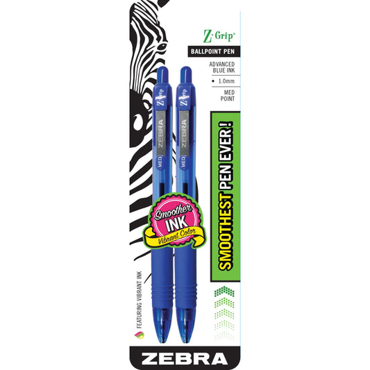 Stylo à bille rétractable Zebra Z-Grip - Pointe moyenne - 1,0 mm - Bleu - Lot de 2
