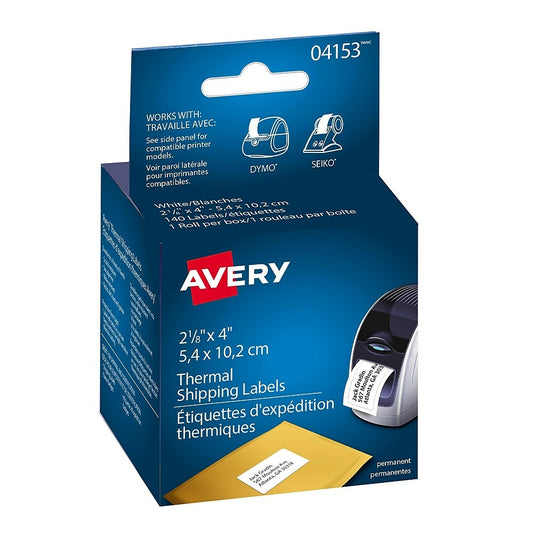 Étiquettes d'expédition pour imprimante thermique Avery, blanches, 5,3 cm x 10,2 cm, paquet de 140 (04153)