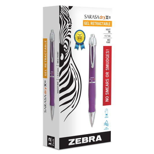Stylo gel rechargeable Zebra GR8, encre violette, taille moyenne, 0,7 mm, avec grip en caoutchouc surdimensionné, lot de 12