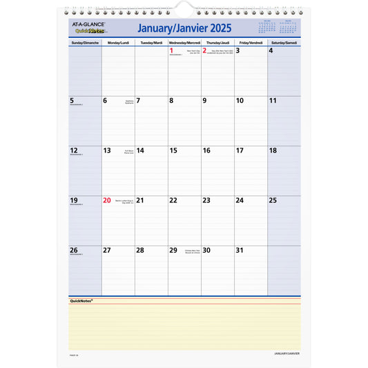 AT-A-GLANCE 2025 QuickNotes Monthly Wall Calendar - 17" H x 12" W - Bilingual