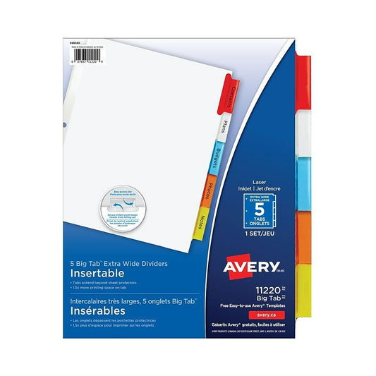 Avery 9" x 11" Big Tab Extra Wide Insertable Dividers for Laser and Inkjet Printers - 5 Tabs - Multi-colour