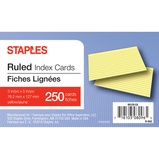 Fiches lignées jaunes Staples - 3" x 5"