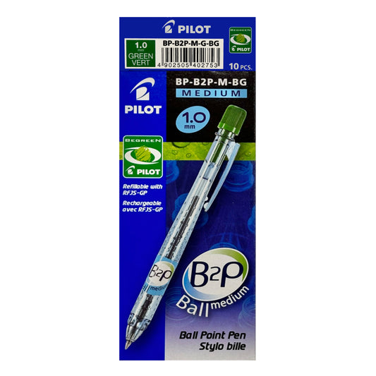 Pilot BeGreen B2P Bottle 2 Pen Retractable Ballpoint Pen - Fine - 1.0 mm - Green - 10 Pack