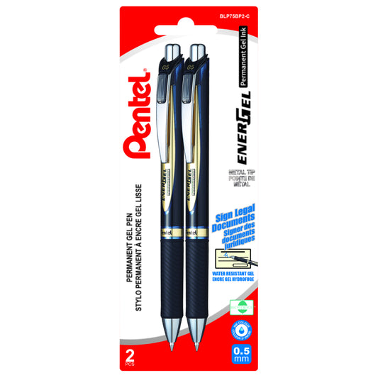 Pentel EnerGel Permanent Ink Pens, 0.5mm, Blue Ink, 2 Pack