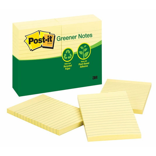 Notes Post-It Greener - Jaunes - Lignées - 101,6 mm l x 152,4 mm L (4 po x 6 po) - 12 blocs par paquet - 100 feuilles par bloc