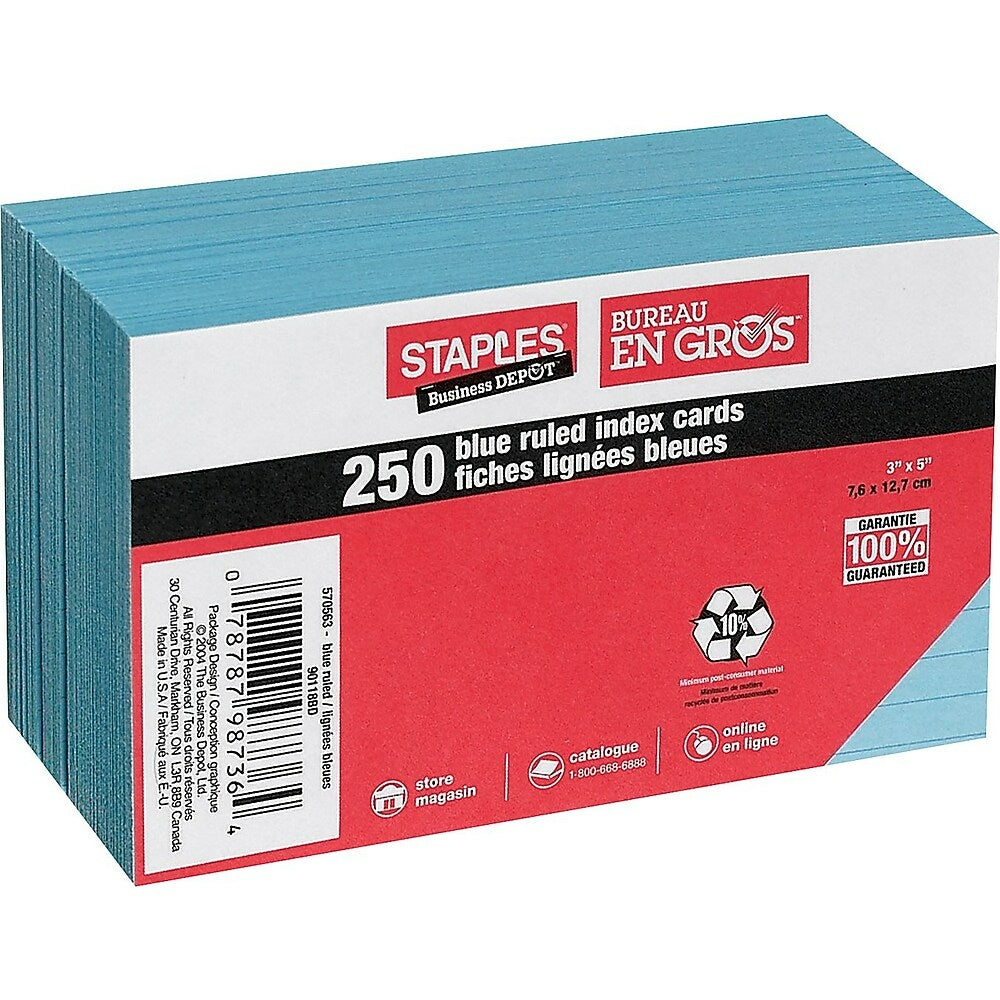 Fiches lignées bleues Staples - 3" x 5"