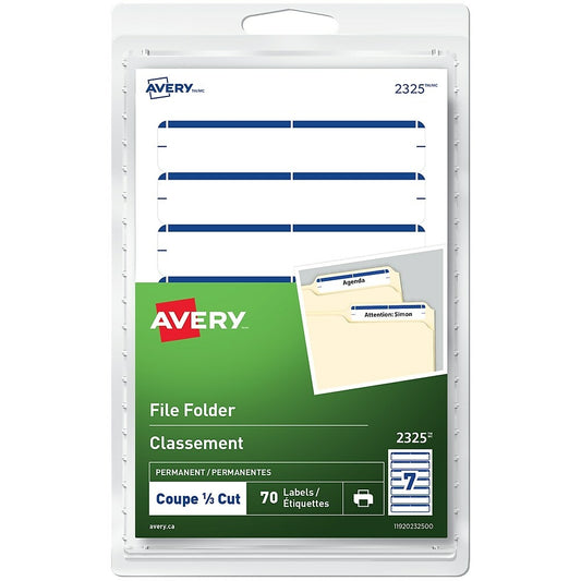 Avery Permanent File Folder Labels, 3-1/2" x 1/3", Blue Bar, 70 Pack (2325)