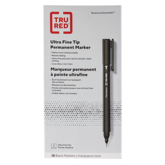 TRU RED Permanent Markers - Ultra Fine Tip - Black - 12 Pack