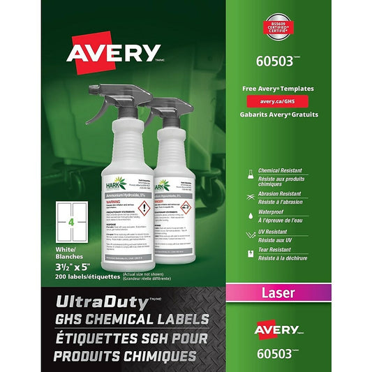 Étiquettes chimiques Avery UltraDuty blanches GHS, 3 1/2" x 5", paquet de 200 (60503)