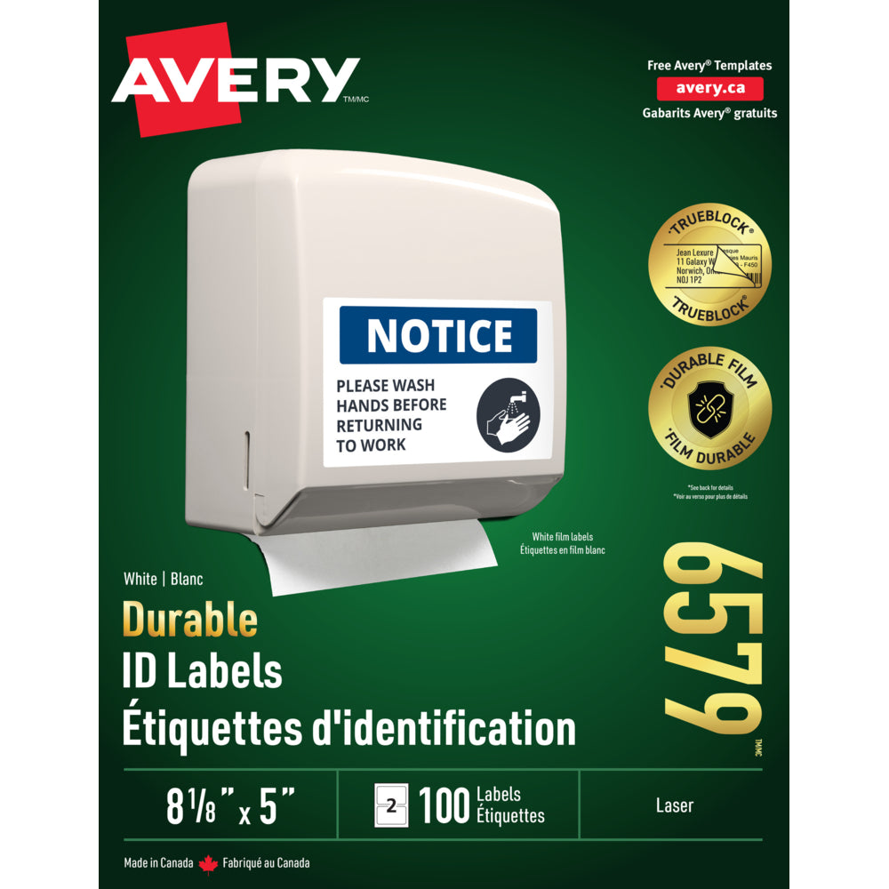 Avery White Laser Durable I.D. Labels, 8-1/8" x 5", 100 Pack (06579)