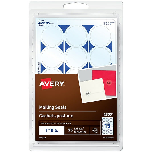 Avery Permanent Mailing Seals, 1" Diameter, Clear, 75 Pack, (2355)