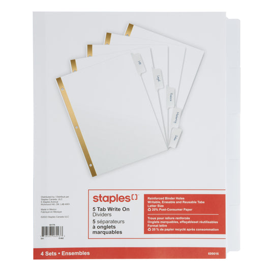 Intercalaires effaçables Staples - 5 onglets - Blanc - Paquet de 4