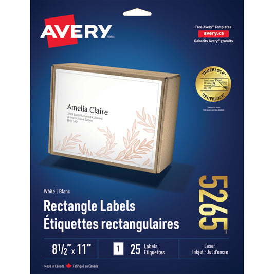 Étiquettes d'expédition laser/jet d'encre Avery TrueBlock - 8-1/2" x 11" - Blanc - Paquet de 25 - (5265)