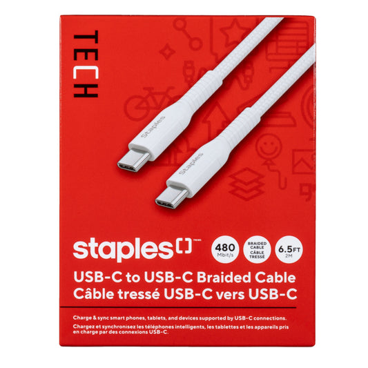 Staples TECH USB-C to USB-C Charging Cable - 6.5 ft. - White