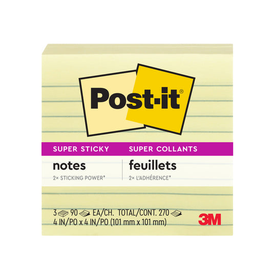 Notes Post-it Super Sticky - 4" x 4" - Jaune canari - Lignées - 270 feuilles - Paquet de 3