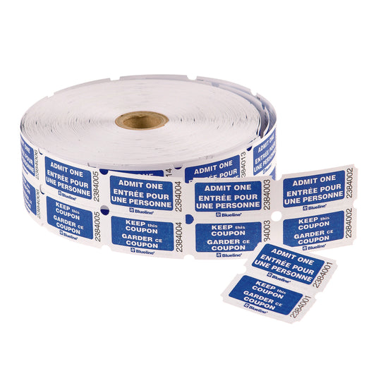 Billets Blueline « Admit One » avec coupon - Rouleau double - Bilingue - Bleu - 1 000/rouleau