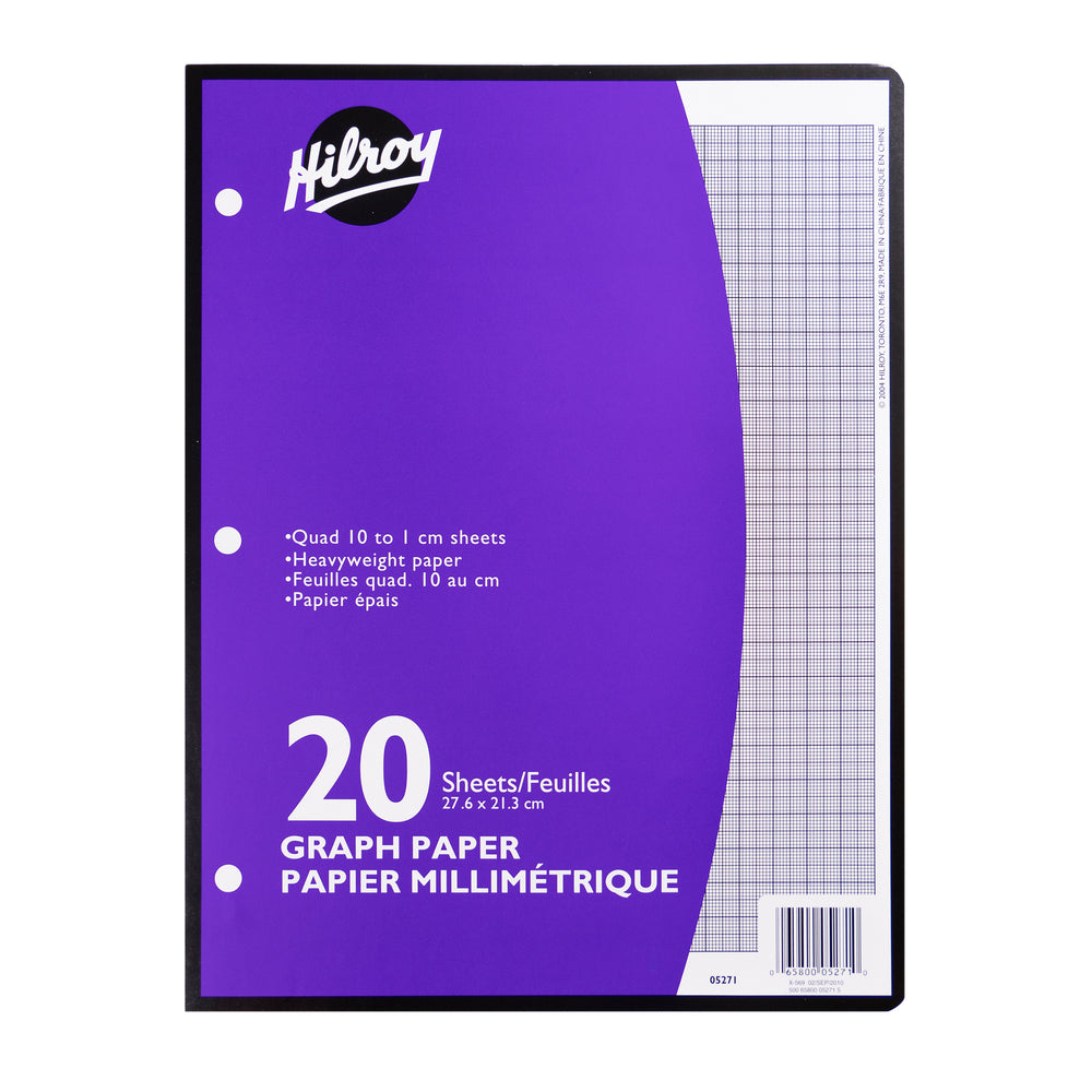 Recharge de papier millimétré recto Hilroy, métrique, quadrillé, perforé 3 trous, 20 feuilles