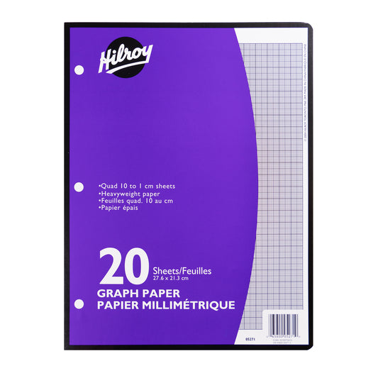 Recharge de papier millimétré recto Hilroy, métrique, quadrillé, perforé 3 trous, 20 feuilles