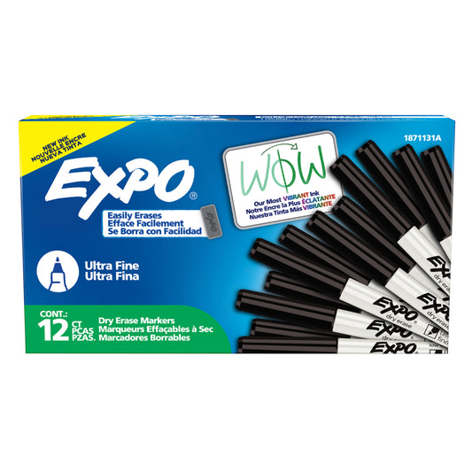 Marqueurs effaçables à sec Expo à faible odeur – Pointe ultra fine – Noir – Paquet de 12
