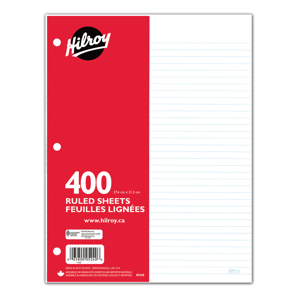 Feuilles mobiles Hilroy - 16 lb - Perforées 3 trous - Lignées - 10,87" x 8,37" - 400 feuilles