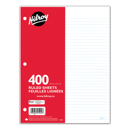 Feuilles mobiles Hilroy - 16 lb - Perforées 3 trous - Lignées - 10,87" x 8,37" - 400 feuilles
