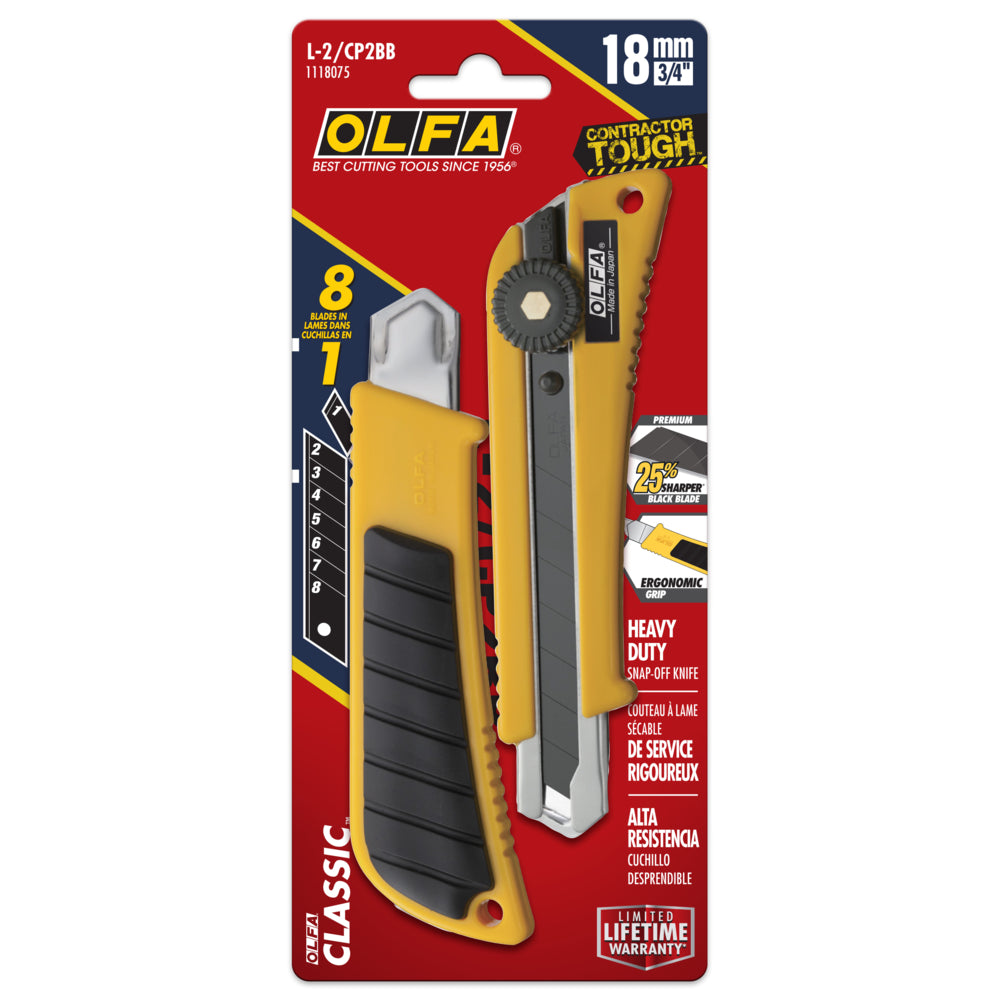 OLFA L-2 18mm Classic Heavy-Duty Utility Knife with Rubber Inset - 2 Pack