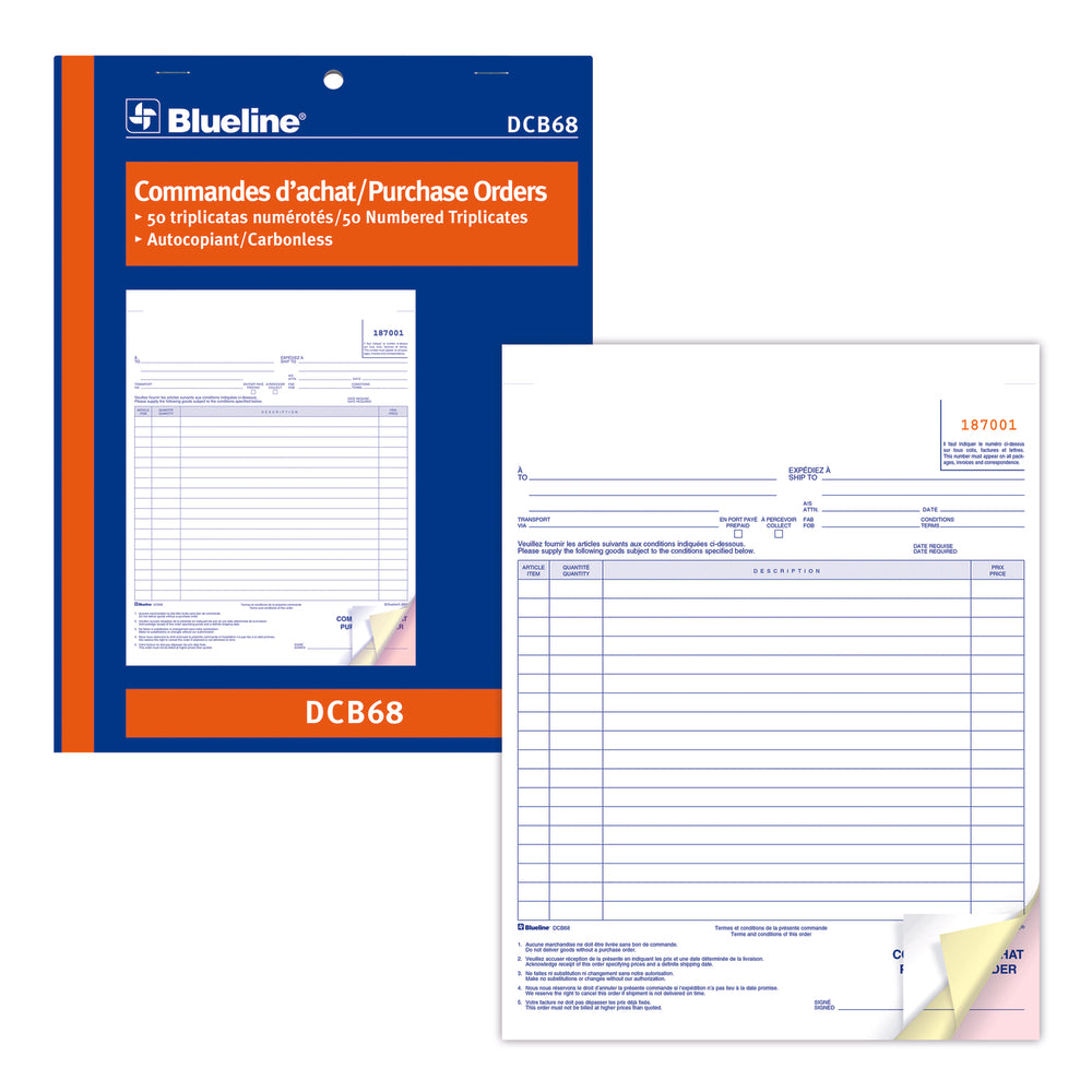 Blueline DCB68 Bilingual Purchase Orders Book - 50 Triplicates