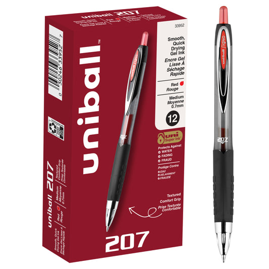 Stylos gel rétractables Uni-Ball 207 - Pointe moyenne (0,7 mm) - Rouge - Lot de 12