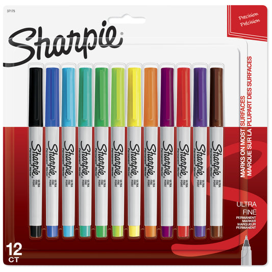 Marqueurs permanents Sharpie - Pointe ultra-fine - Couleurs assorties - Paquet de 12