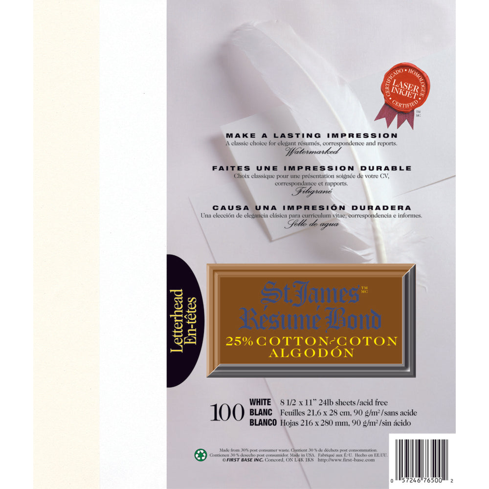 St. James Resume Bond - 25% Cotton - 24 lb. - 8.5" x 11" - White - 100 Sheets