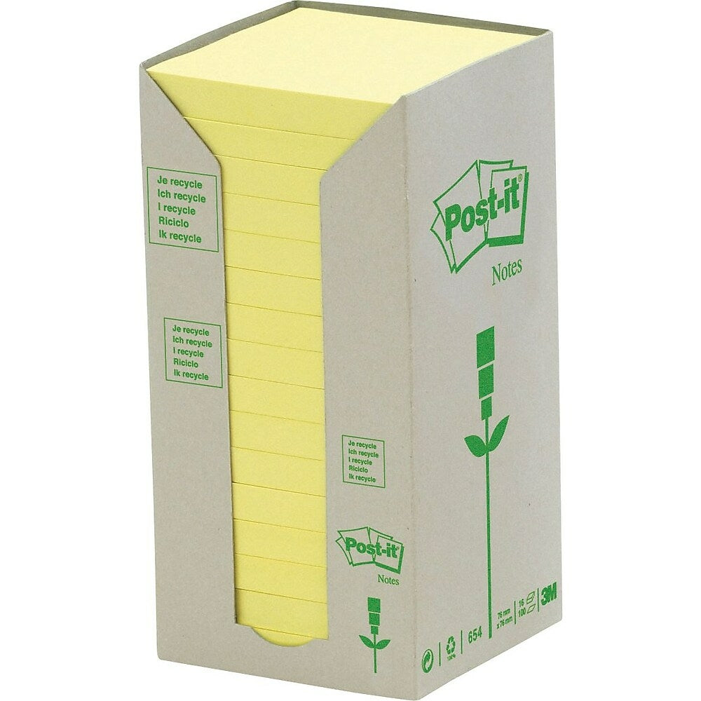 Post-it Recycled Canary Yellow Towers, 3" x 3", 16 pads/pack