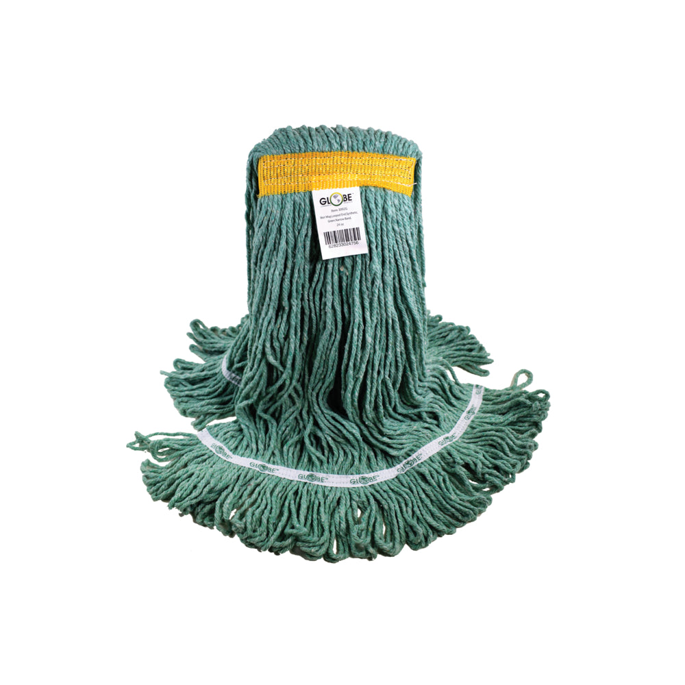 Balai à franges synthétique Globe Commercial Syn-Pro avec sac et extrémité bouclée - 680 g - Bande étroite - Vert