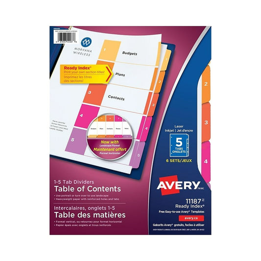 Intercalaires Avery Ready Index pour imprimantes laser et jet d'encre, 5 onglets, 6 jeux, multicolores (11187)