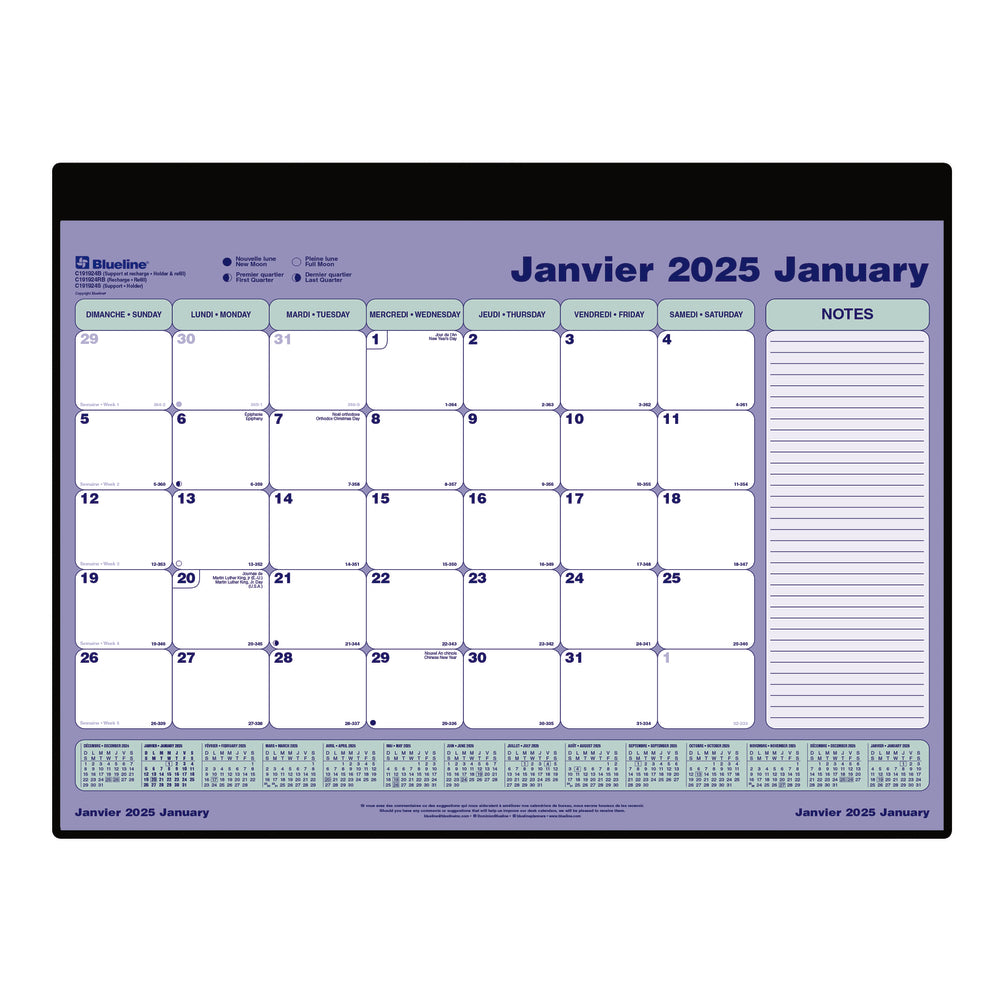 Blueline 2025 Monthly Desk Pad Calendar Refill and Vinyl Holder Refillable - 23-1/2" x 18-1/4" - Blue - Bilingual