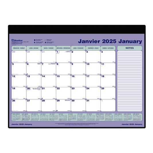Recharge de calendrier mensuel Blueline 2025 avec support en vinyle - 23-1/2" x 18-1/4" - Bleu - Bilingue