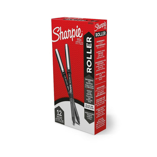 Sharpie Rollerball Needle Tip Pen, 0.5mm, Black, 12 Pack