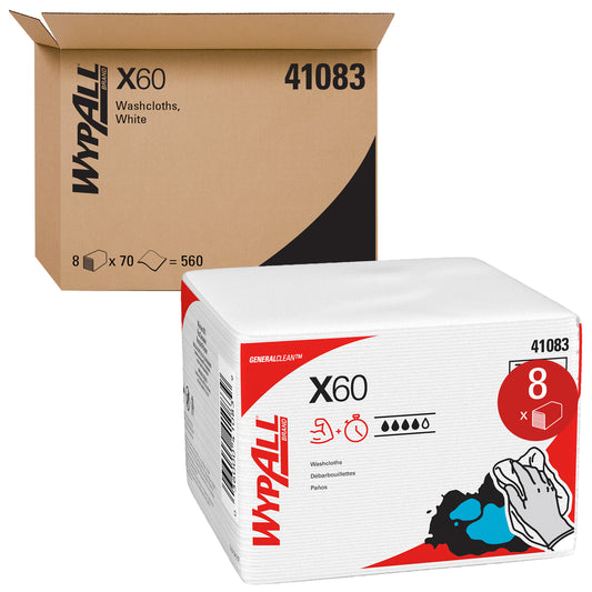 WypAll General Clean X60 Multi-Task Cleaning Cloths (41083) - Washcloths with Hydroknit -12.5"x10"-White -Quarterfold -70 Sheets