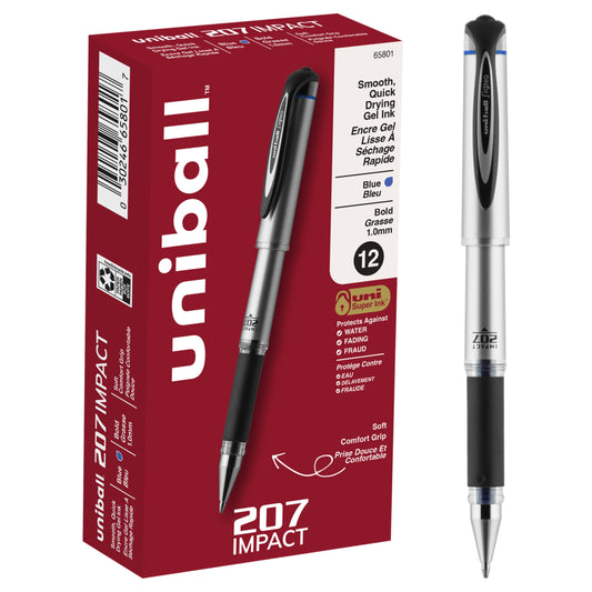 Stylos gel Uni-Ball 207 Impact - Pointe épaisse (1,0 mm) - Bleu - Lot de 12