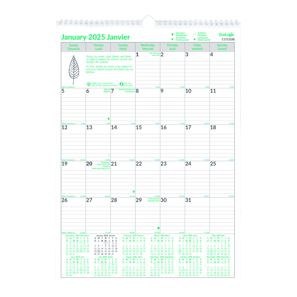 Blueline 2025 EcoLogix Monthly Wall Calendar - 12" x 17" - Bilingual
