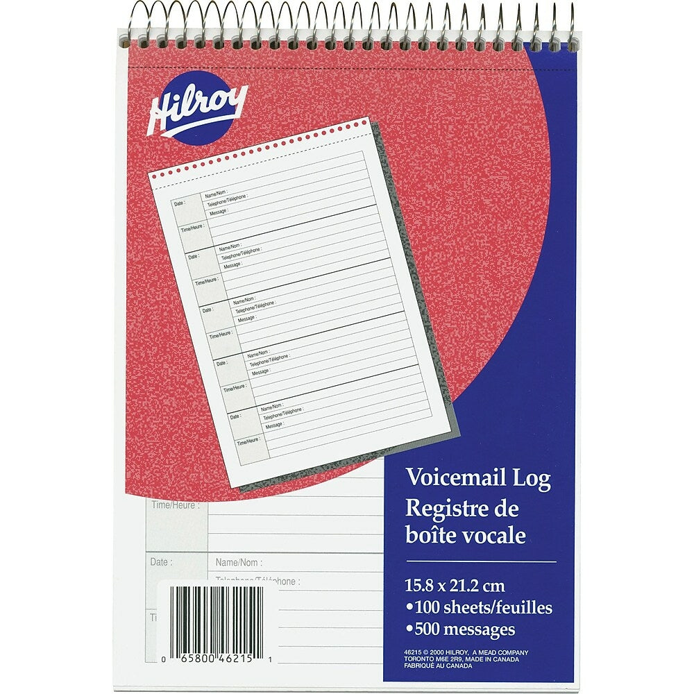 Hilroy Top-Coil Voicemail Log Book, 6-1/4" x 8-7/8", 500 Messages, Bilingual