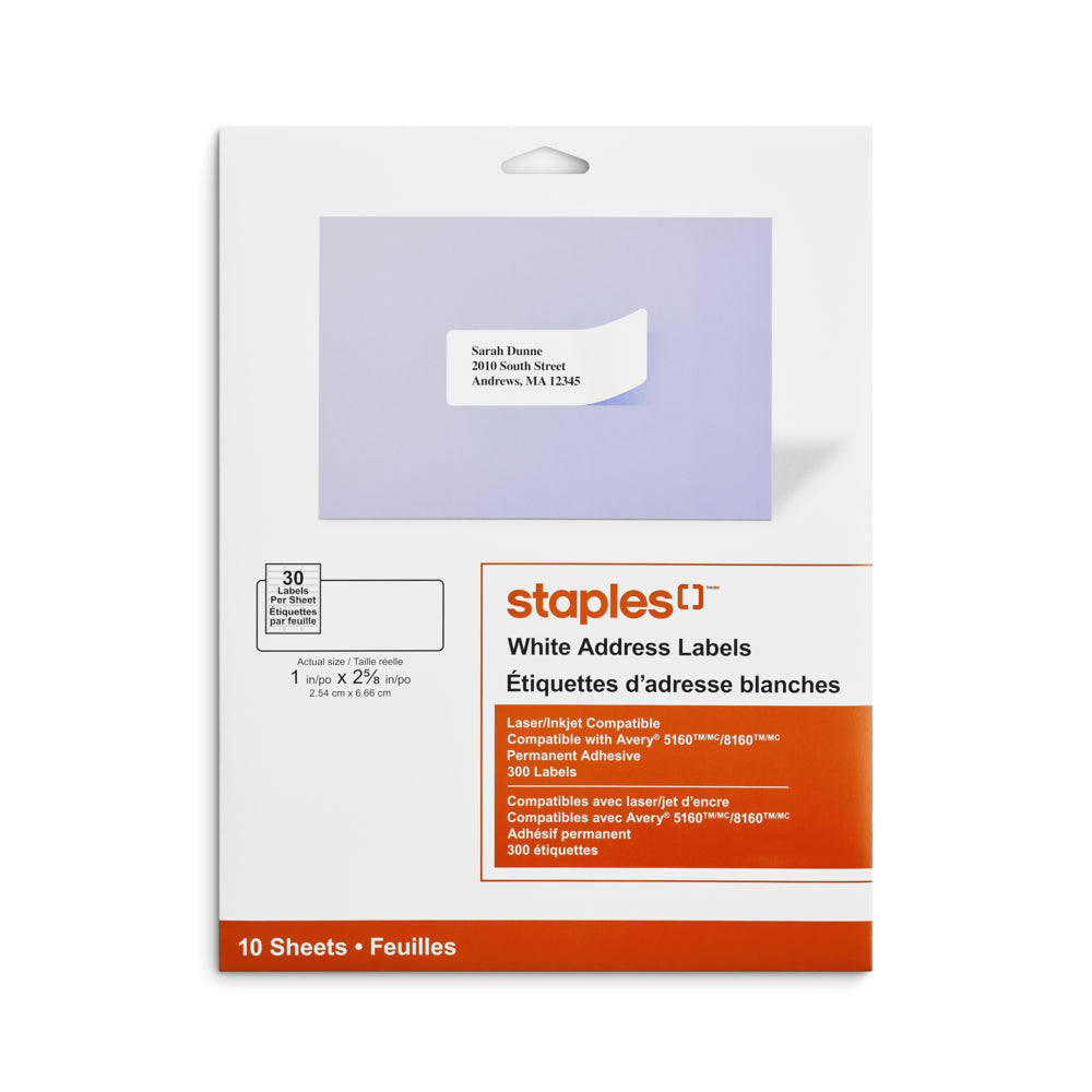 Staples White Mailing Labels for Inkjet/Laser Printers - 2-5/8" x 1" - 300 Pack
