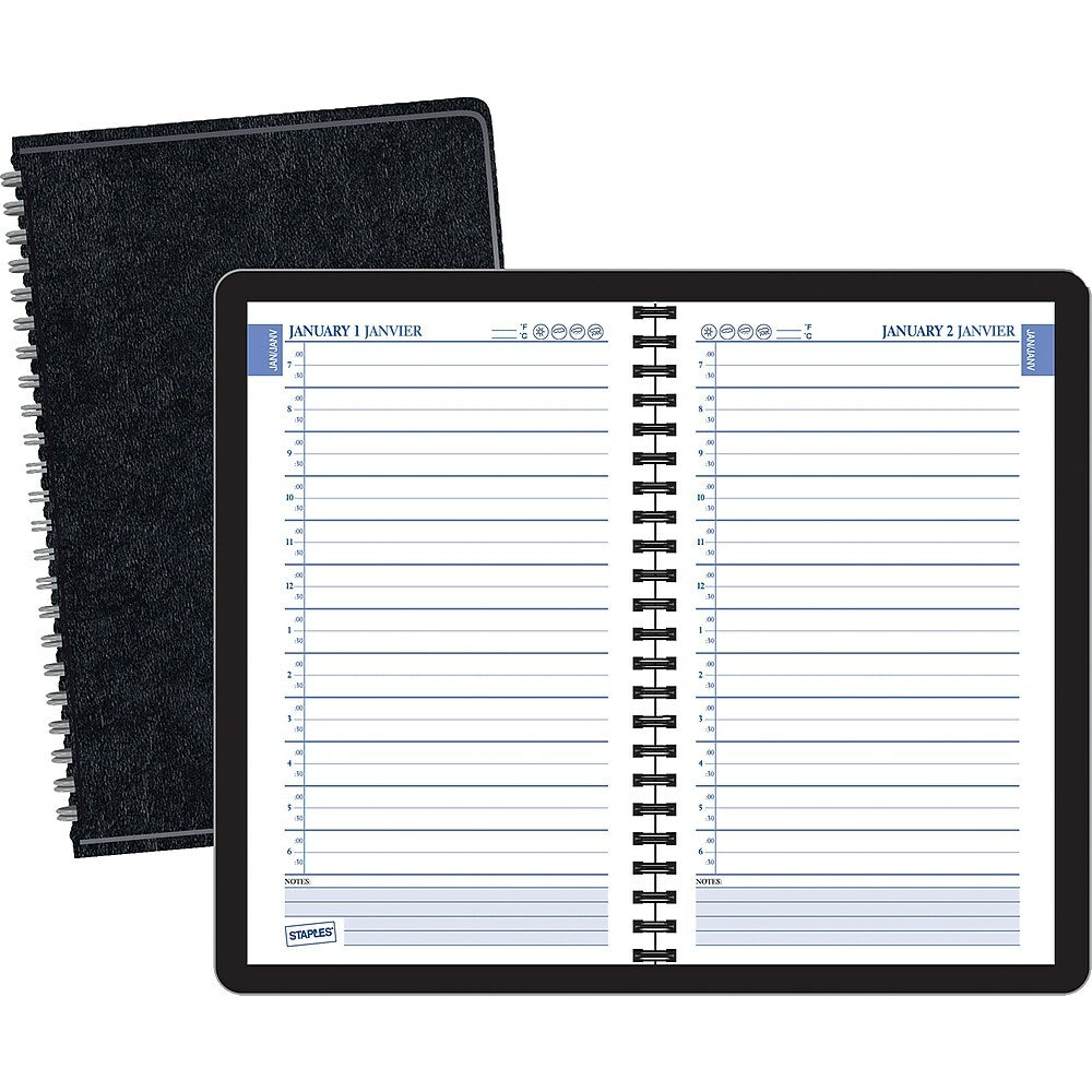 Staples Undated Wirebound Daily Planner - Black - 4-7/8" x 8" - Bilingual