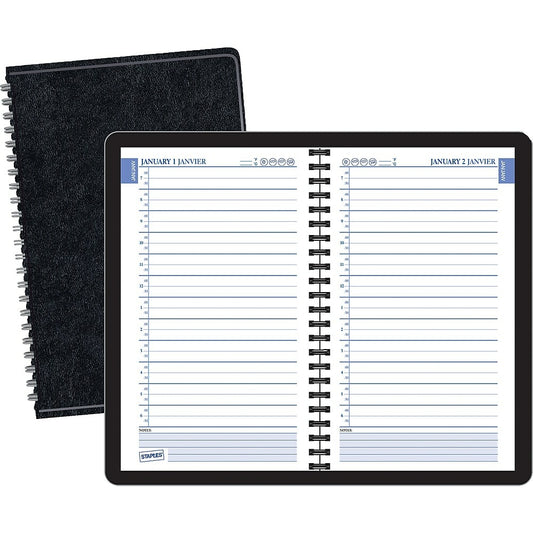 Staples Undated Wirebound Daily Planner - Black - 4-7/8" x 8" - Bilingual