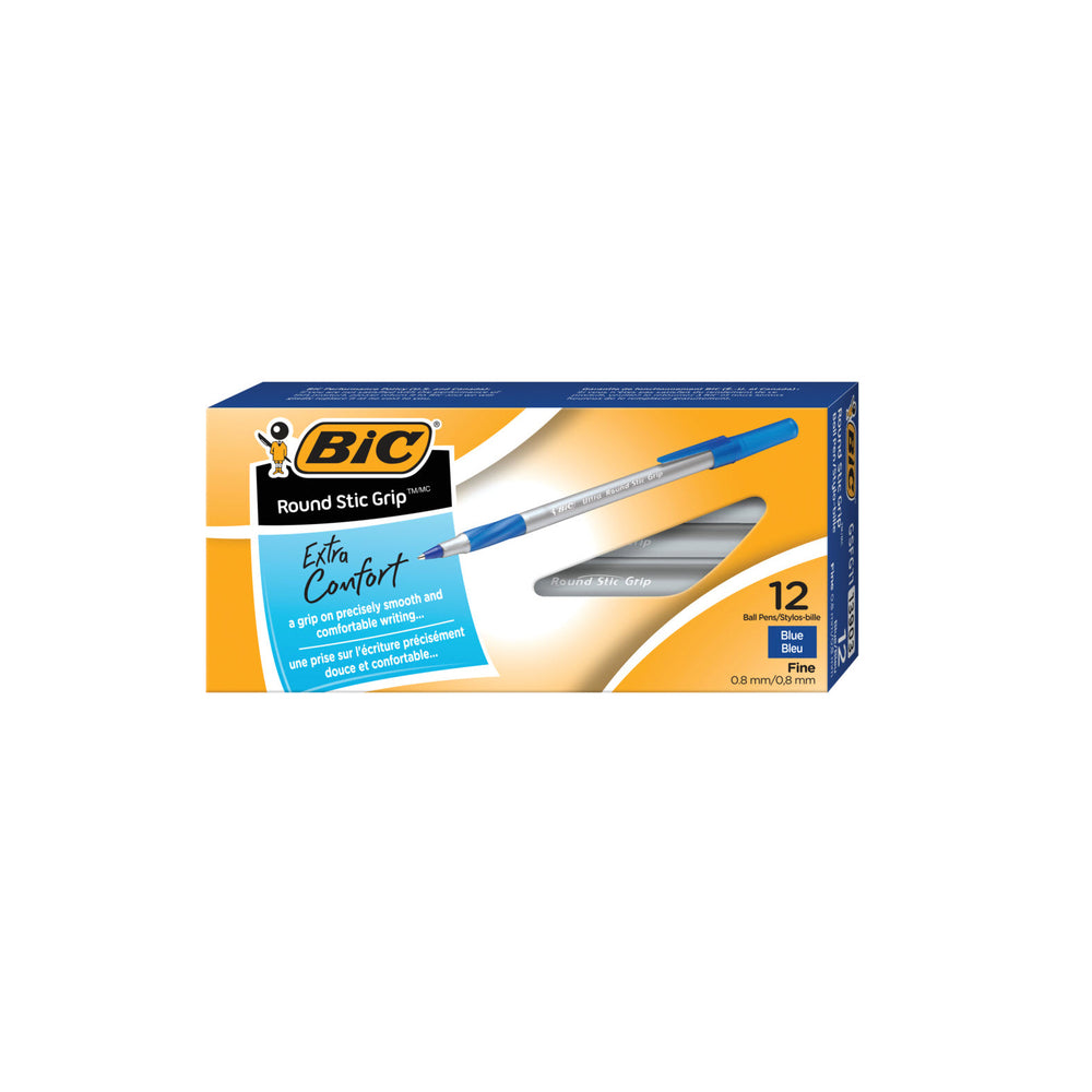 BIC Round Stic Grip Ballpoint Stick Pens - 0.8mm - Blue - 12 Pack