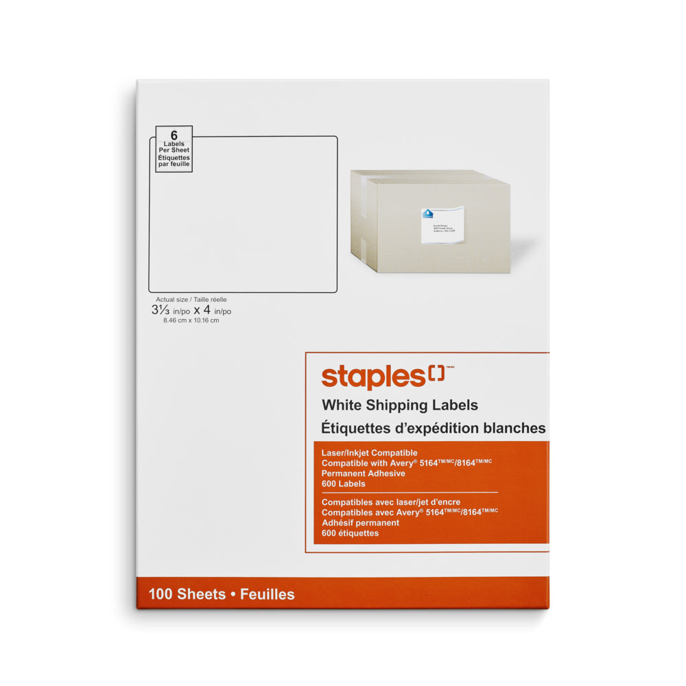 Staples White Shipping Labels for Inkjet/Laser Printers - 3-1/3" x 4" - 600 Pack