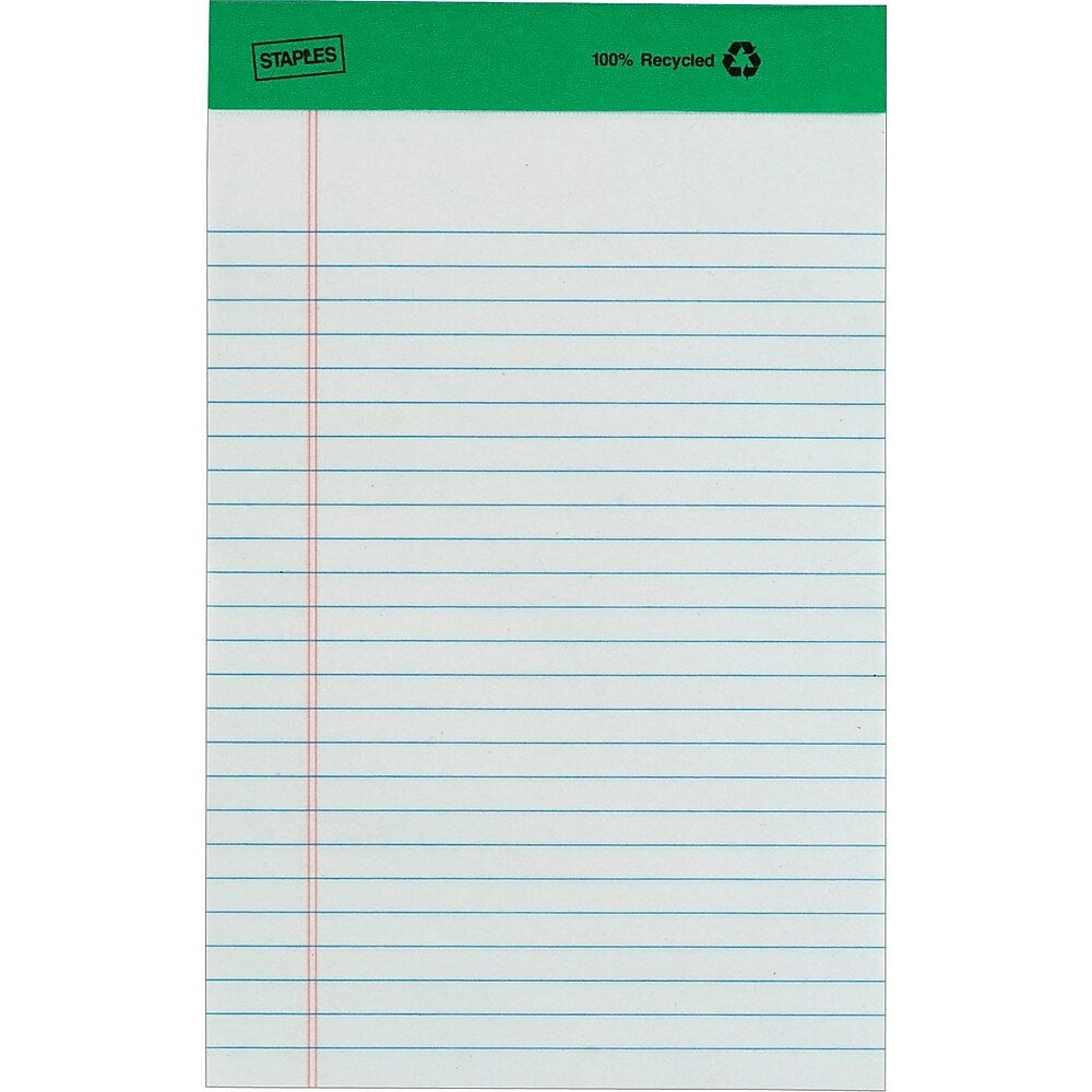 Bloc de papier Staples 100 % recyclé – 5 po x 8 po – Règle étroite – Blanc – 50 feuilles – Paquet de 12