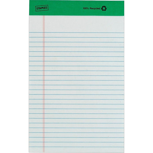 Bloc de papier Staples 100 % recyclé – 5 po x 8 po – Règle étroite – Blanc – 50 feuilles – Paquet de 12