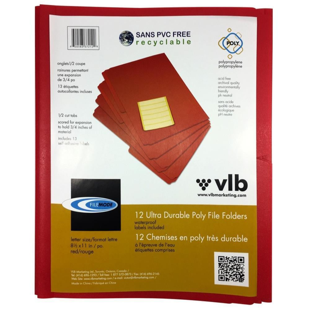 VLB Filemode Poly File Folder - 1/2 Cut Letter - Red - 12 Pack
