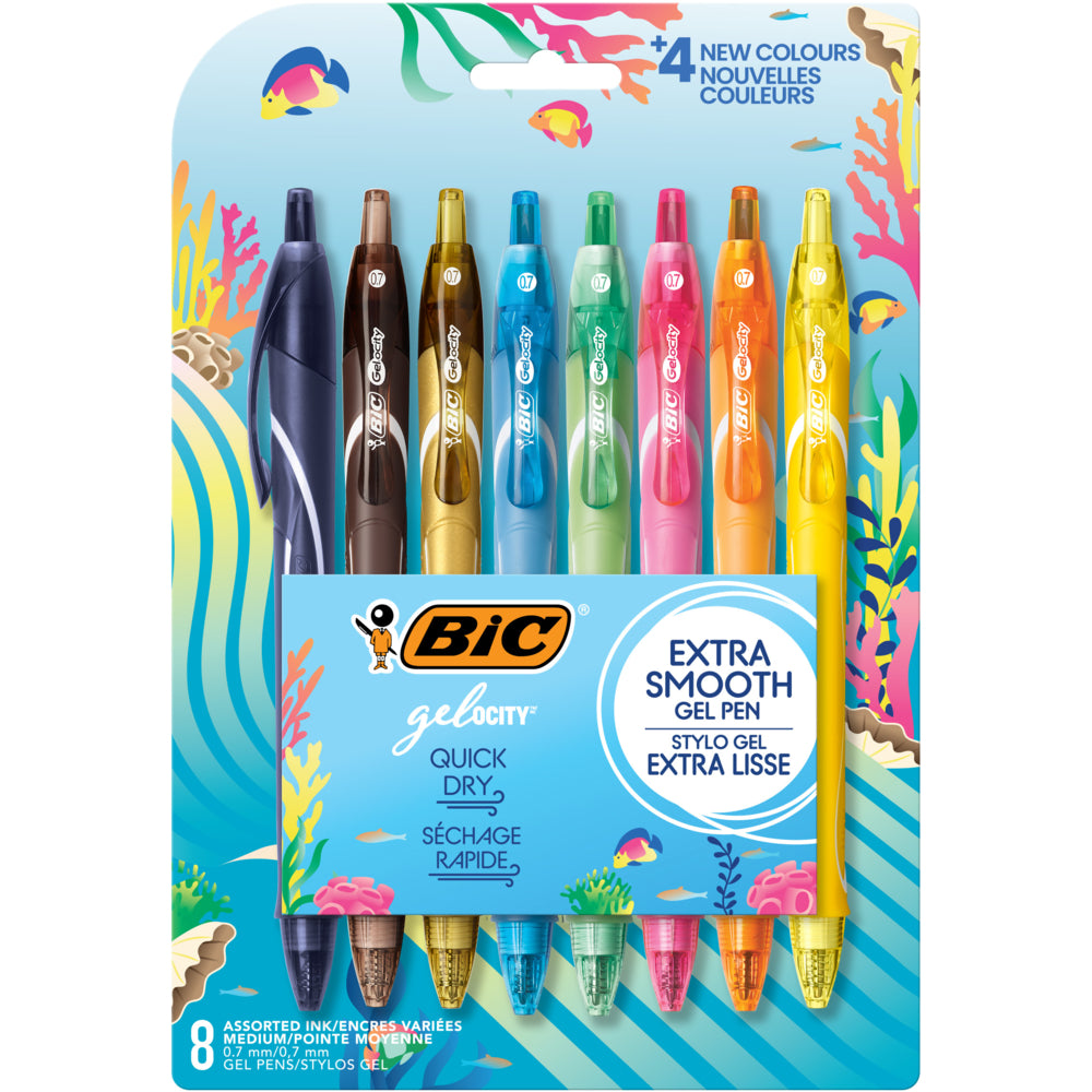 Stylos gel BIC Gel-ocity à séchage rapide, thème océan, pointe moyenne – 0,7 mm – Couleurs lagon – Lot de 8