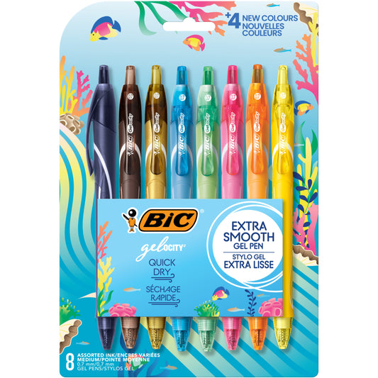 BIC Gel-ocity Quick Dry Ocean Themed Gel Pens, Medium Point - 0.7 mm - Lagoon Colours - 8 Pack